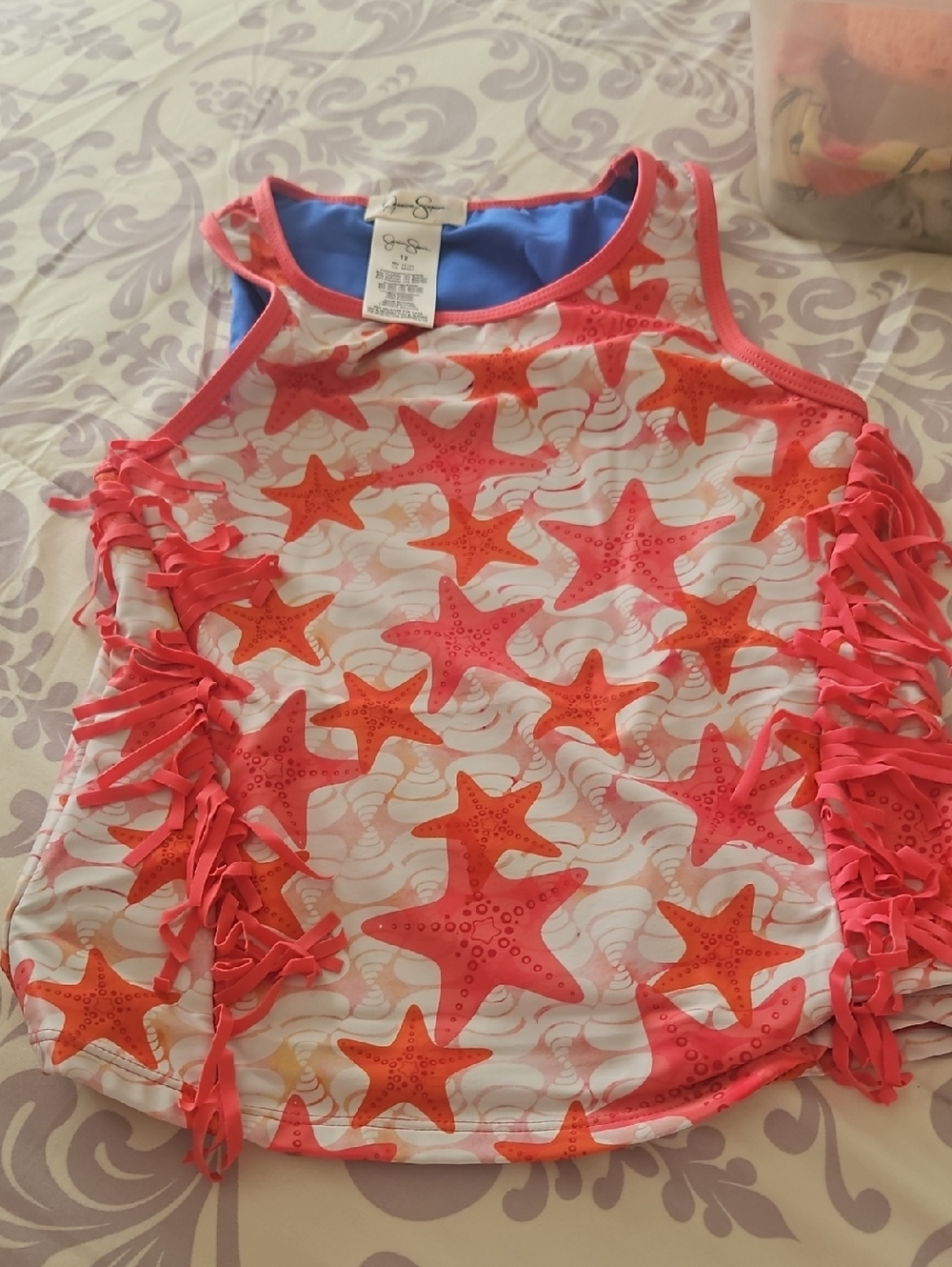Jessica simpson tankini top with stars, white pink and orange size twelve 12.